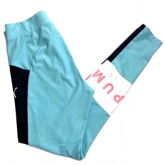 PUMA Xtg Spell Out Logo Stripe High Rise Running Leggings Tights Light Blue Sz L - Picture 8 of 9